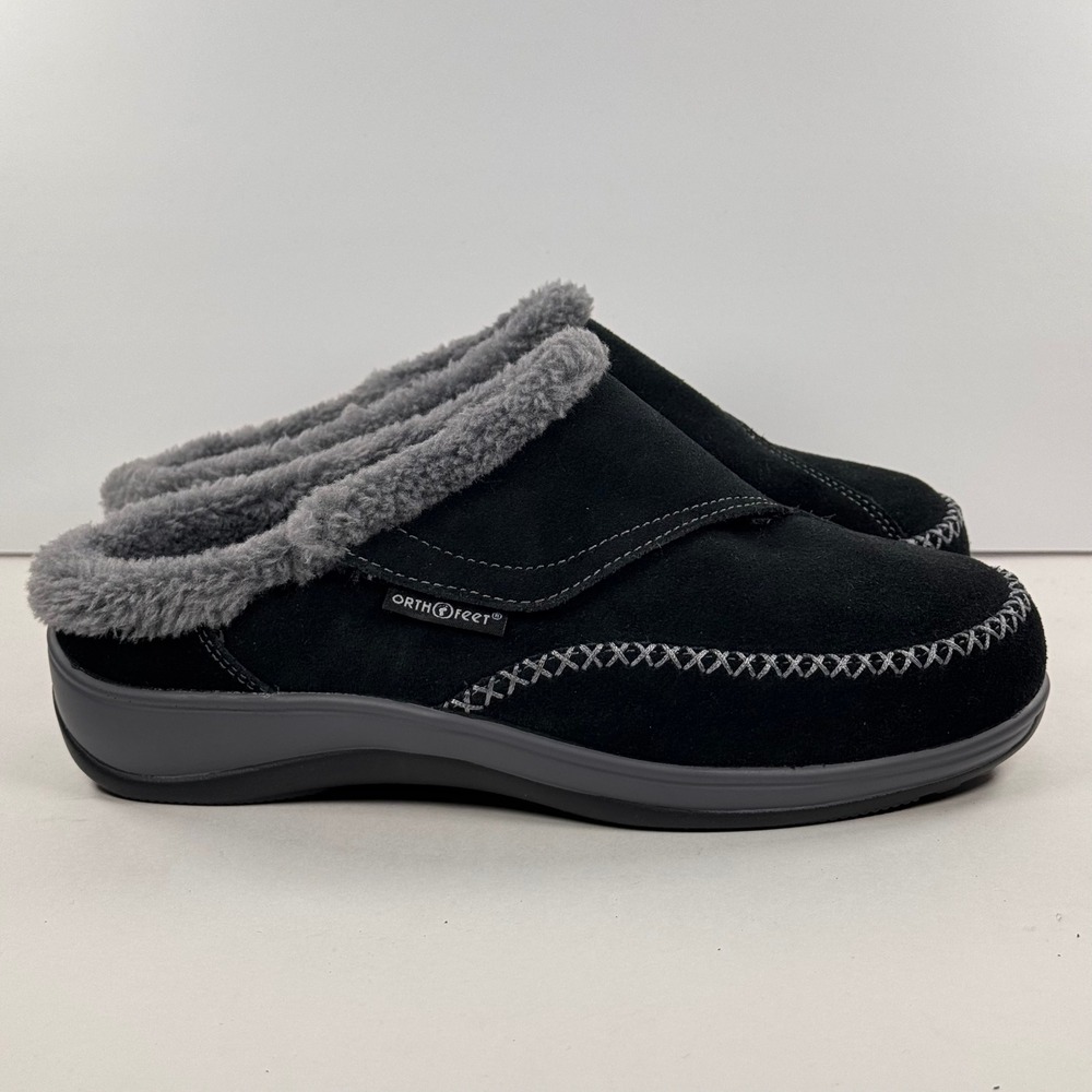 Orthofeet Louise Black Suede Orthopedic Slippers US 7 Wide Faux Fur Lined S733